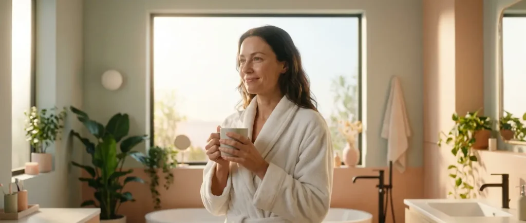 La recherche d’un geste quotidien pour le confort digestif s’accompagne ici d’un verre d’eau, sans garantie de débloquer la constipation.