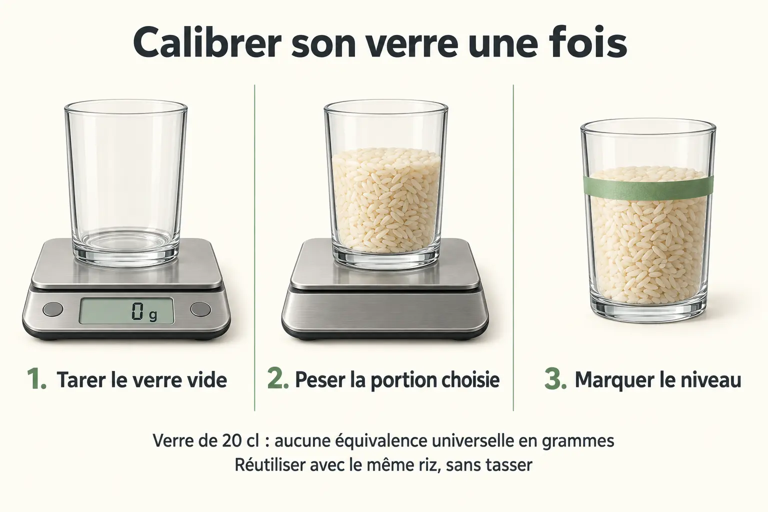 infographie procédurale en trois étapes — combien de gramme de riz par personne
