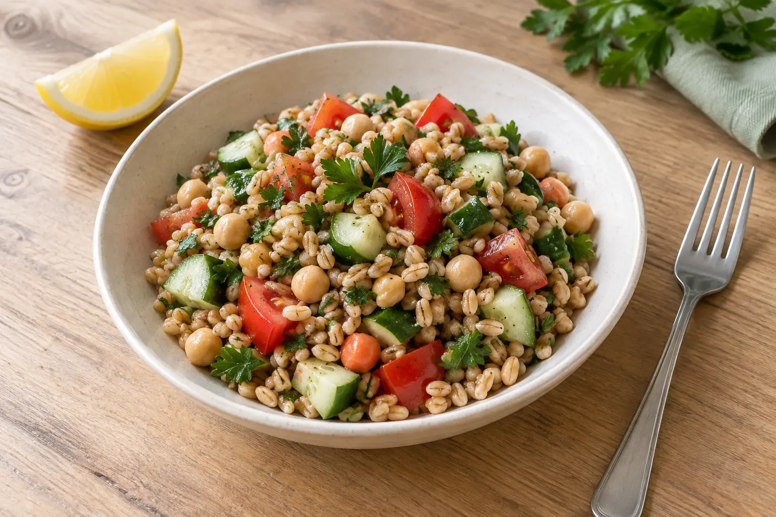 Salade d’épeautre avec pois chiches, tomates, concombre et persil