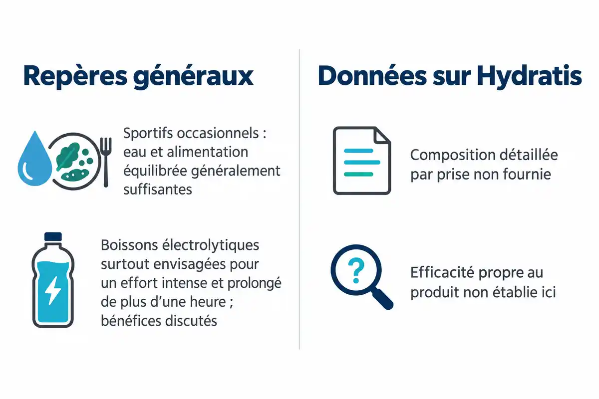 Infographie à deux colonnes comparant les repères généraux sur les boissons électrolytiques aux informations disponibles sur Hydratis.