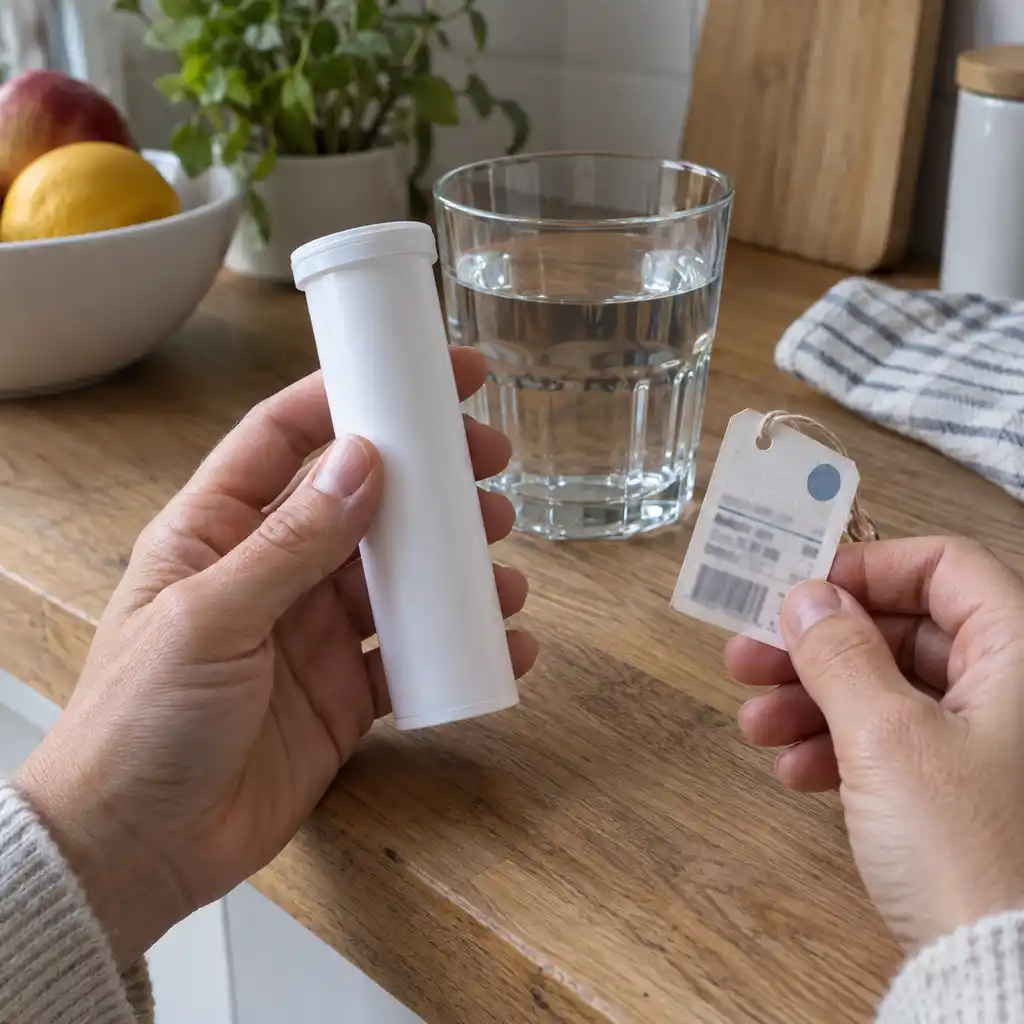 Deux mains tiennent un tube blanc et une étiquette de prix près d’un verre d’eau, sur une table de cuisine.