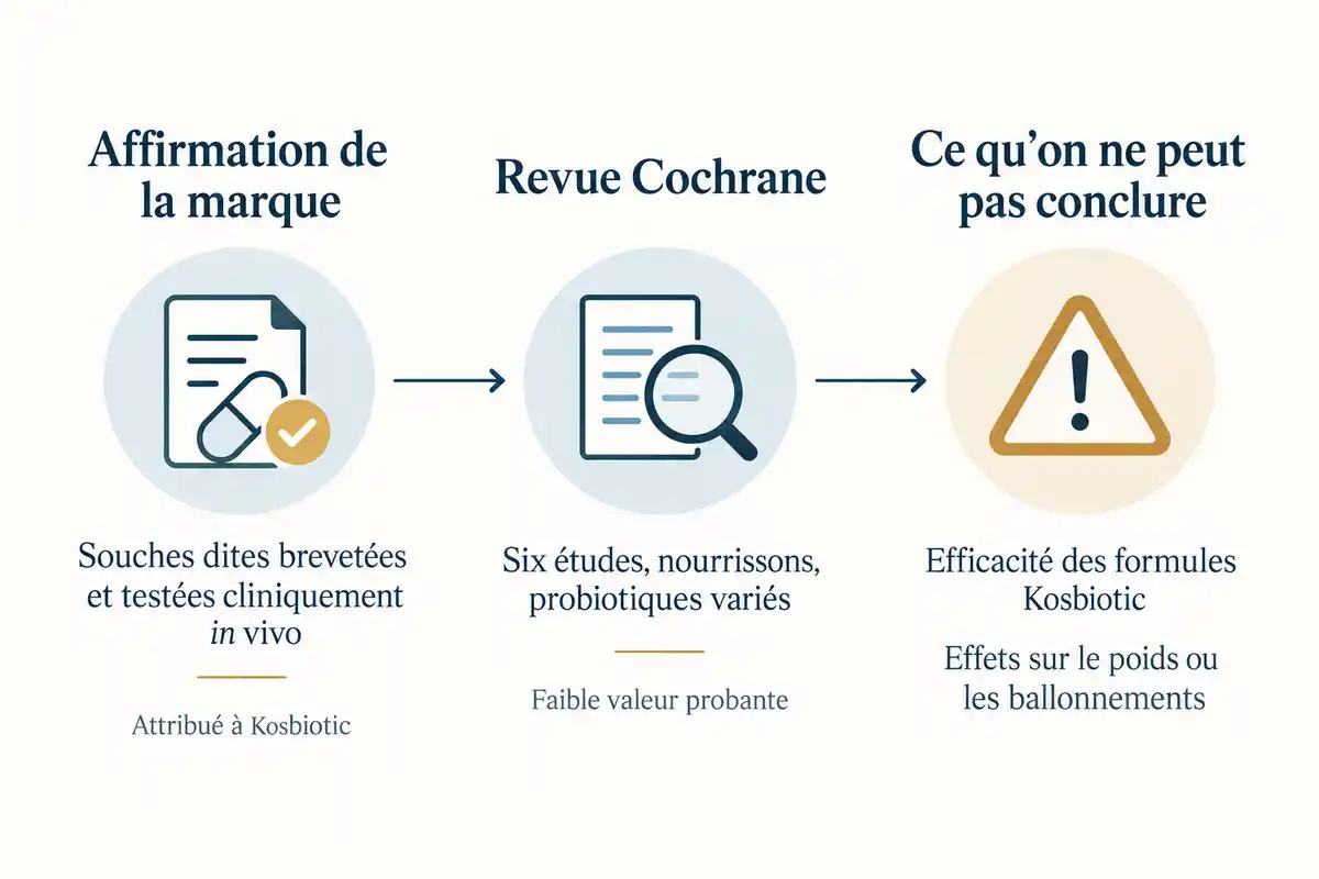 Infographie en trois colonnes reliant l’affirmation de la marque, la revue Cochrane et les limites des conclusions sur les formules Kosbiotic.
