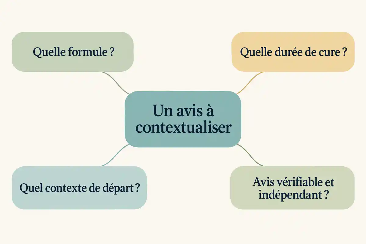 Schéma en paysage : « Un avis à contextualiser » au centre, relié à quatre questions sur la formule, la durée de cure, le contexte de départ et la fiabilité de l’avis.