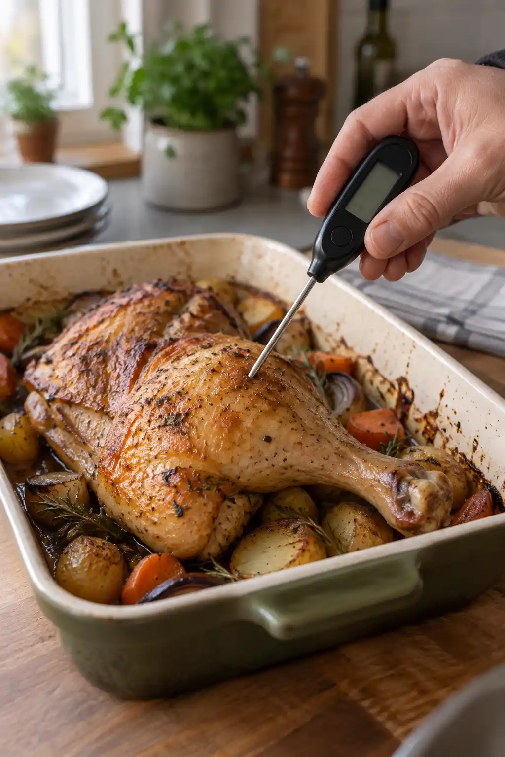 Une main insère un thermomètre numérique dans une volaille rôtie entourée de légumes, dans un plat de cuisson.