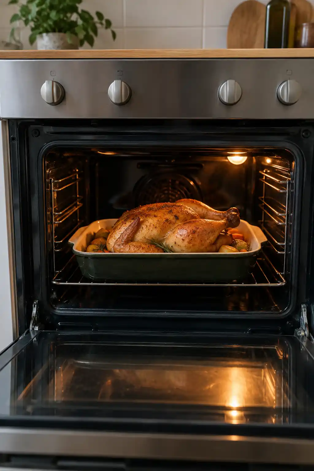 Poulet rôti dans un plat avec des légumes, au centre d’un four domestique ouvert.