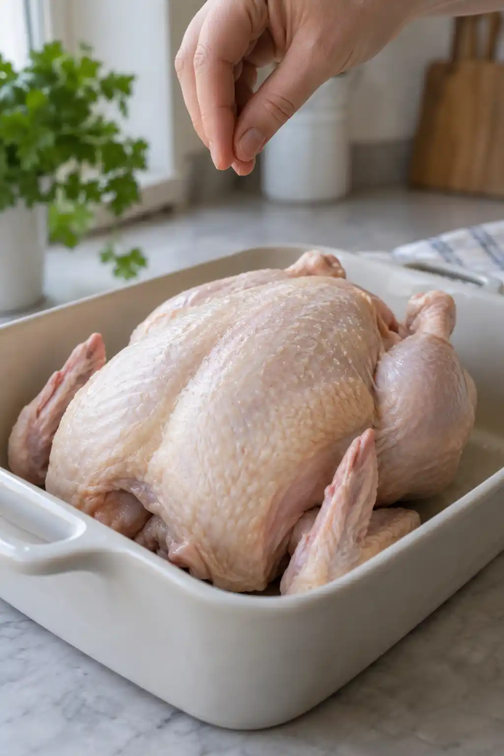 Un poulet cru entier dans un plat de cuisson, avec une main au-dessus.