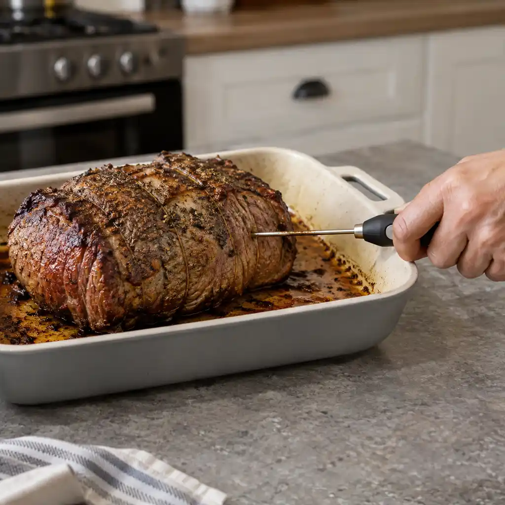 Une main insère la sonde d’un thermomètre dans un rôti de bœuf posé dans un plat.