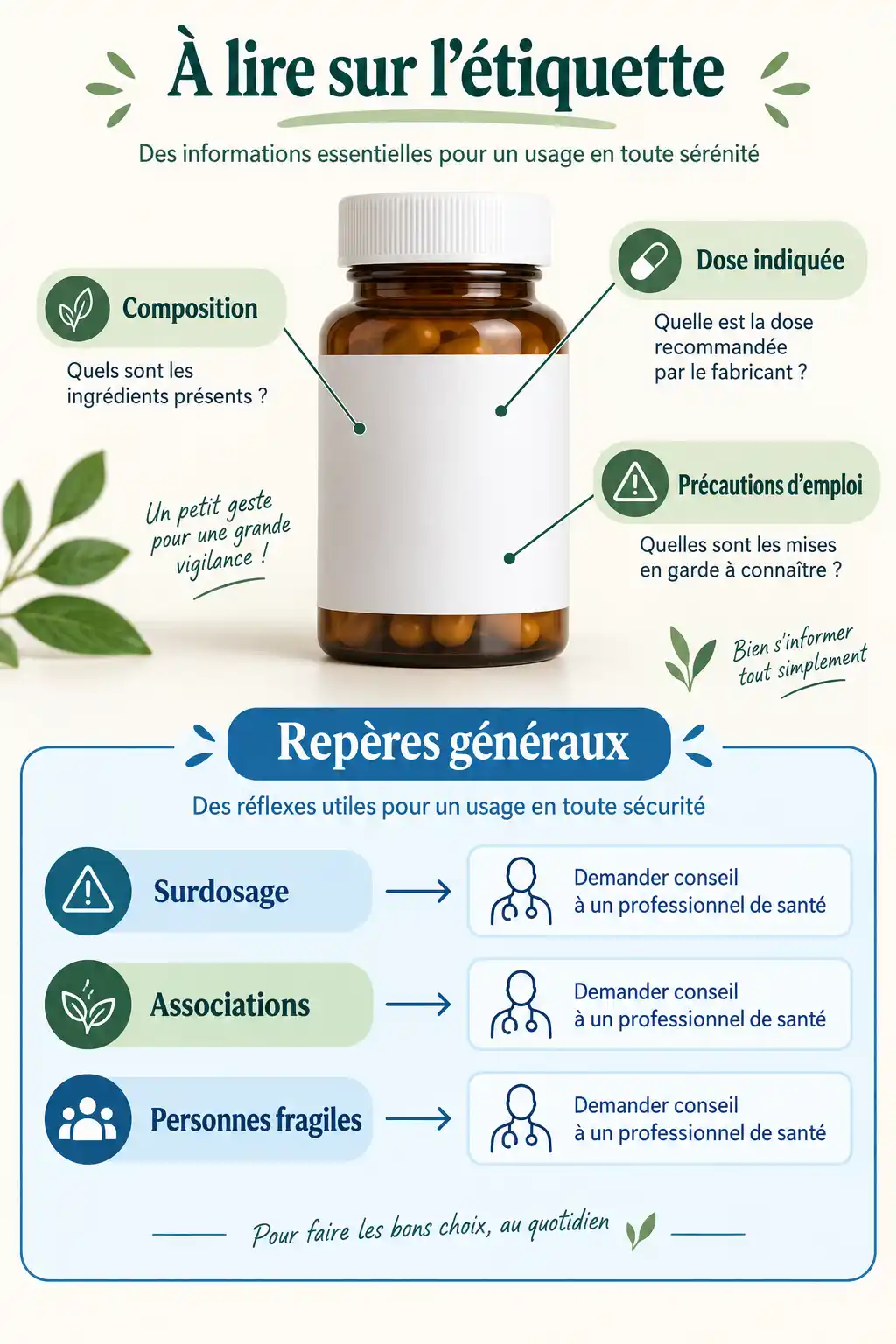 Infographie en français avec un flacon générique, trois repères sur l’étiquette et un encadré de conseils généraux sur le surdosage, les associations et les personnes fragiles.