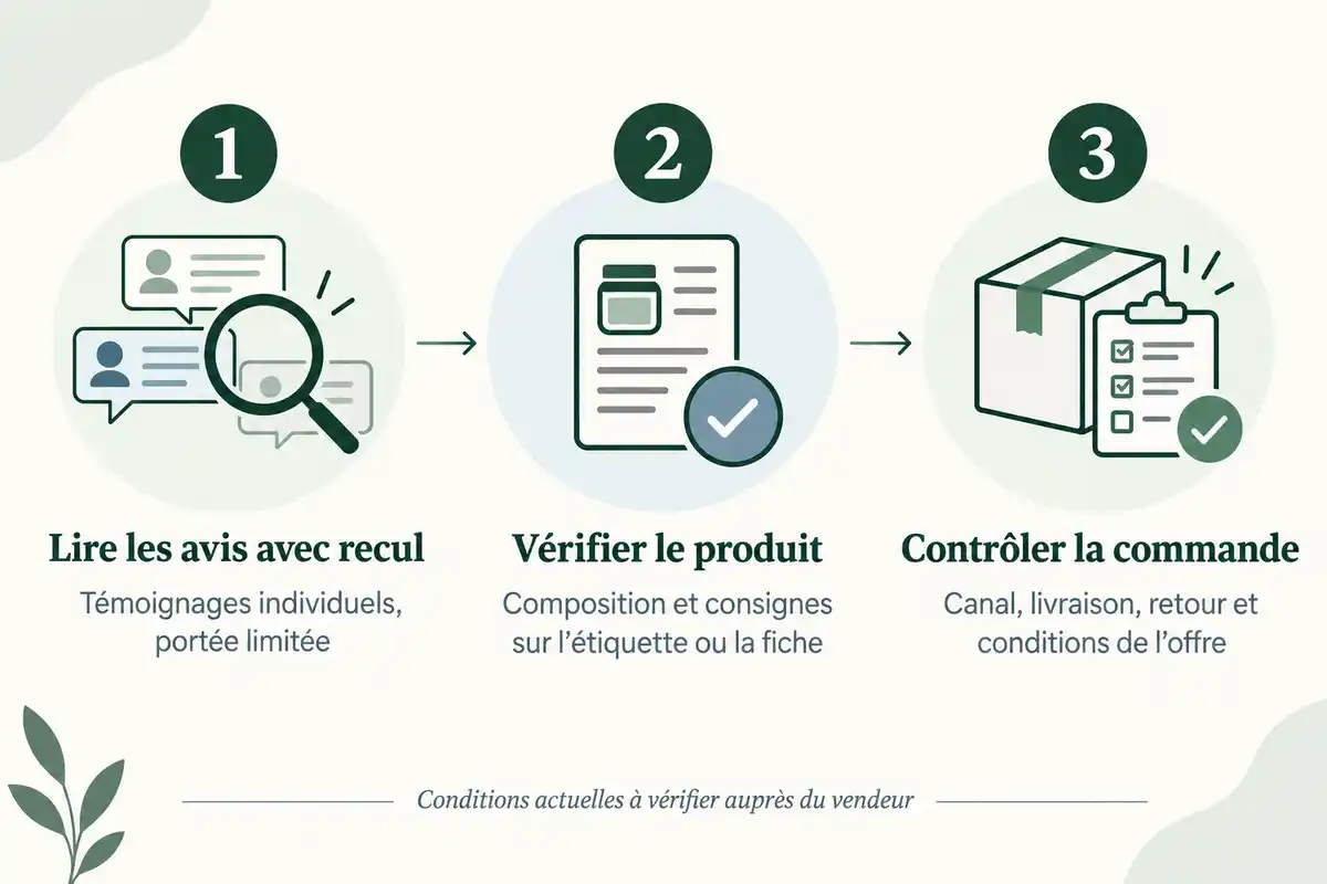 Infographie en trois étapes : lire les avis avec recul, vérifier le produit et contrôler la commande, puis vérifier les conditions auprès du vendeur.