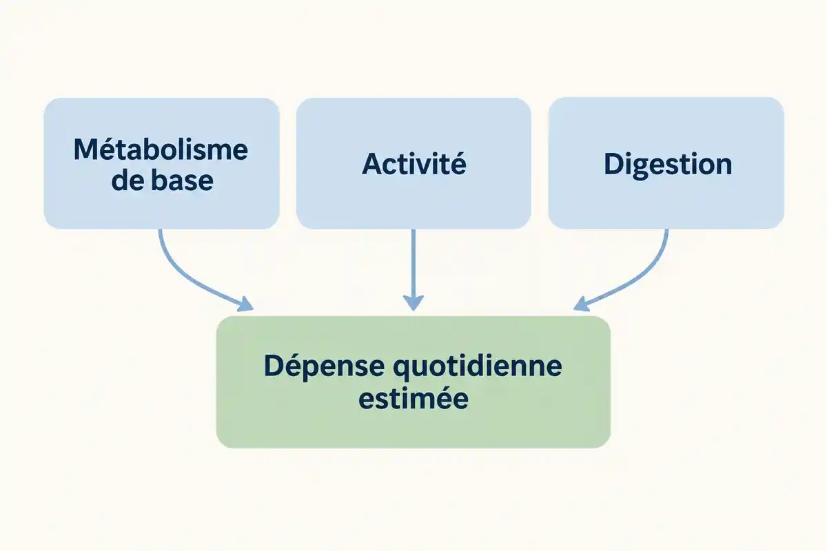 Métabolisme de base, activité et digestion contribuent ensemble à l’estimation de la dépense énergétique quotidienne.