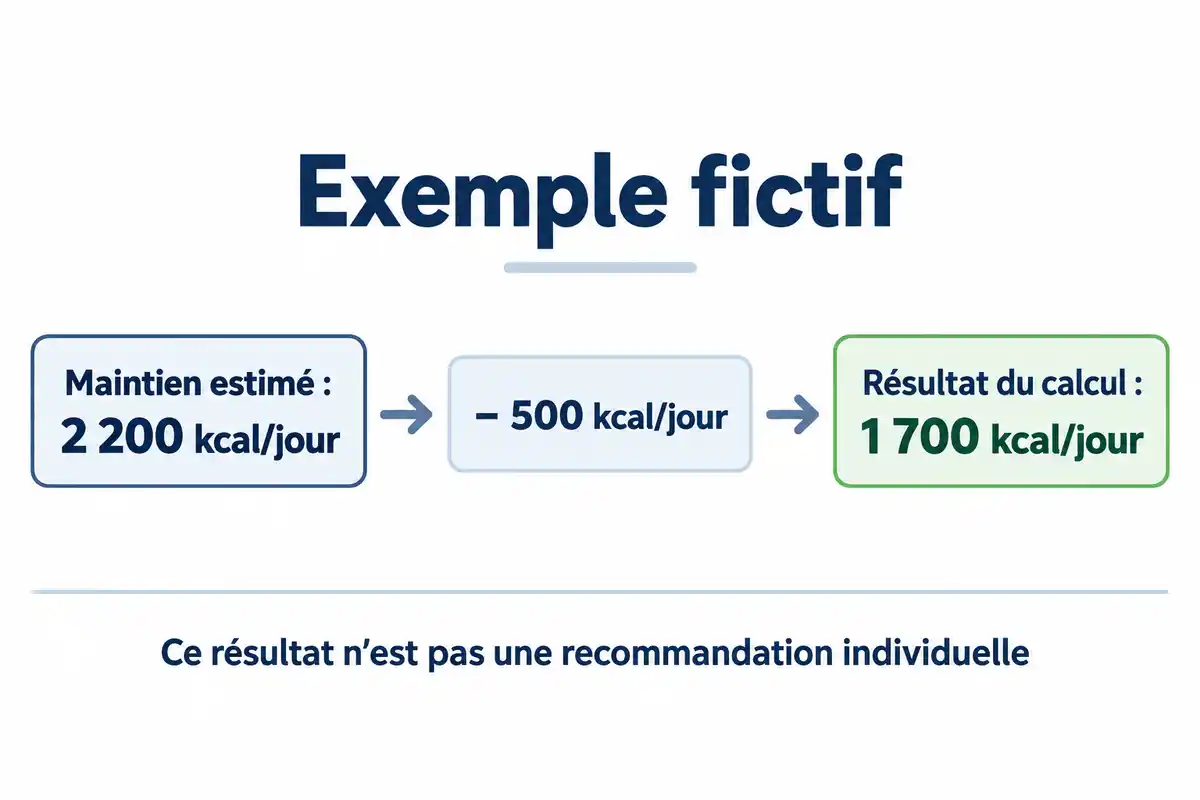 Un exemple fictif soustrait 500 kcal à un maintien estimé de 2 200 kcal pour obtenir 1 700 kcal, sans en faire une cible personnelle.