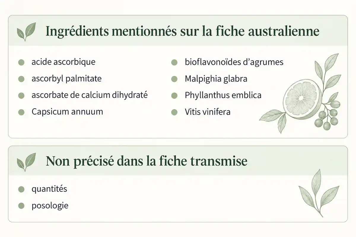 Infographie en deux rubriques : huit ingrédients mentionnés sur la fiche australienne, puis les quantités et la posologie non précisées dans la fiche transmise.