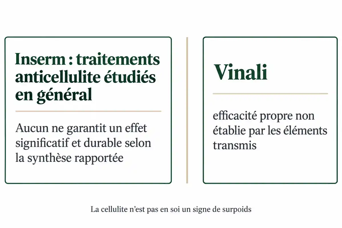 Schéma comparant les traitements anticellulite étudiés en général à Vinali, avec une séparation et une note sur la cellulite et le surpoids.