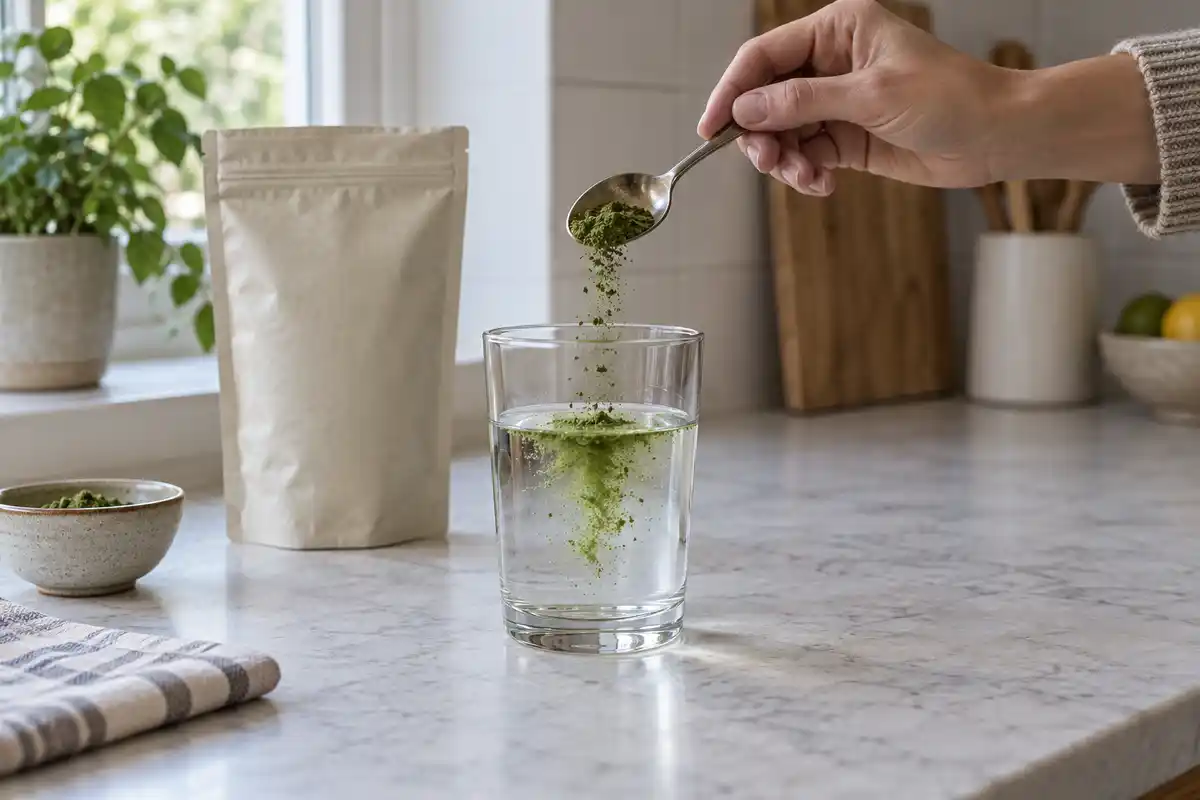 Une main verse une poudre verte d’une cuillère dans un verre d’eau, sur un plan de cuisine, près d’un emballage neutre et d’un petit bol.
