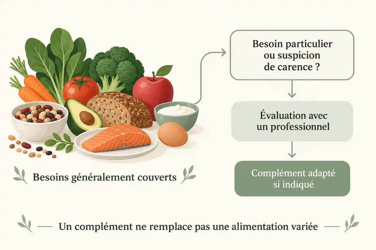 Des aliments variés accompagnent le message « Besoins généralement couverts » ; à droite, un parcours va du besoin particulier à l’évaluation professionnelle, puis au complément adapté si indiqué. En bas : « Un complément ne remplace pas une alimentation variée ».