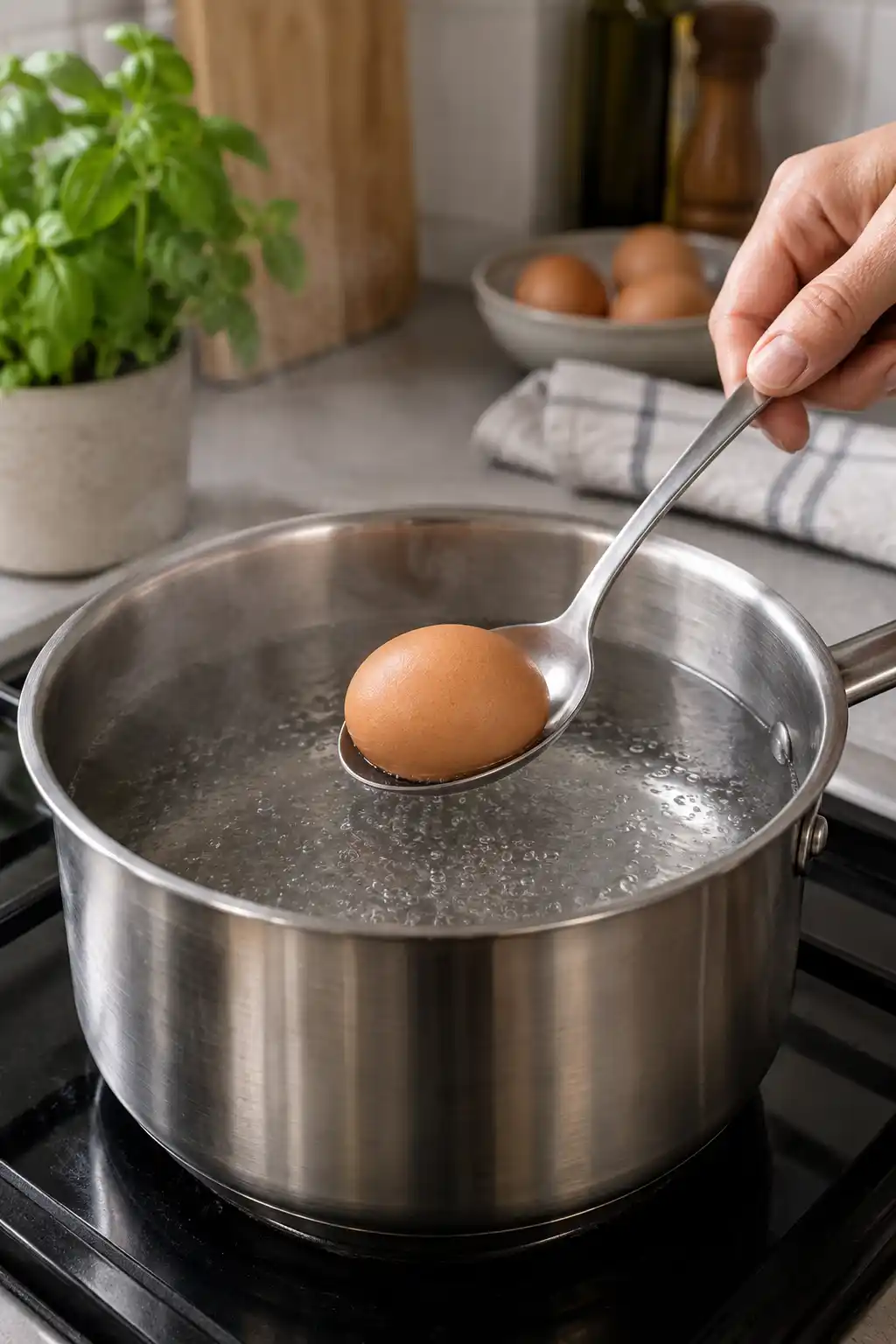 Une main dépose un œuf intact dans une casserole d’eau frémissante à l’aide d’une cuillère.