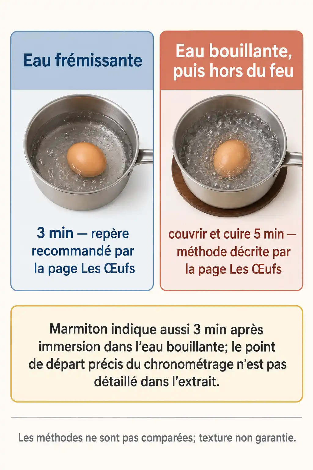 Infographie en français comparant deux méthodes de cuisson d’un œuf : 3 minutes dans l’eau frémissante, ou 5 minutes couvert après avoir porté l’eau à ébullition puis retiré la casserole du feu. Une note précise que Marmiton indique aussi 3 minutes après immersion et que les méthodes ne sont pas comparées.