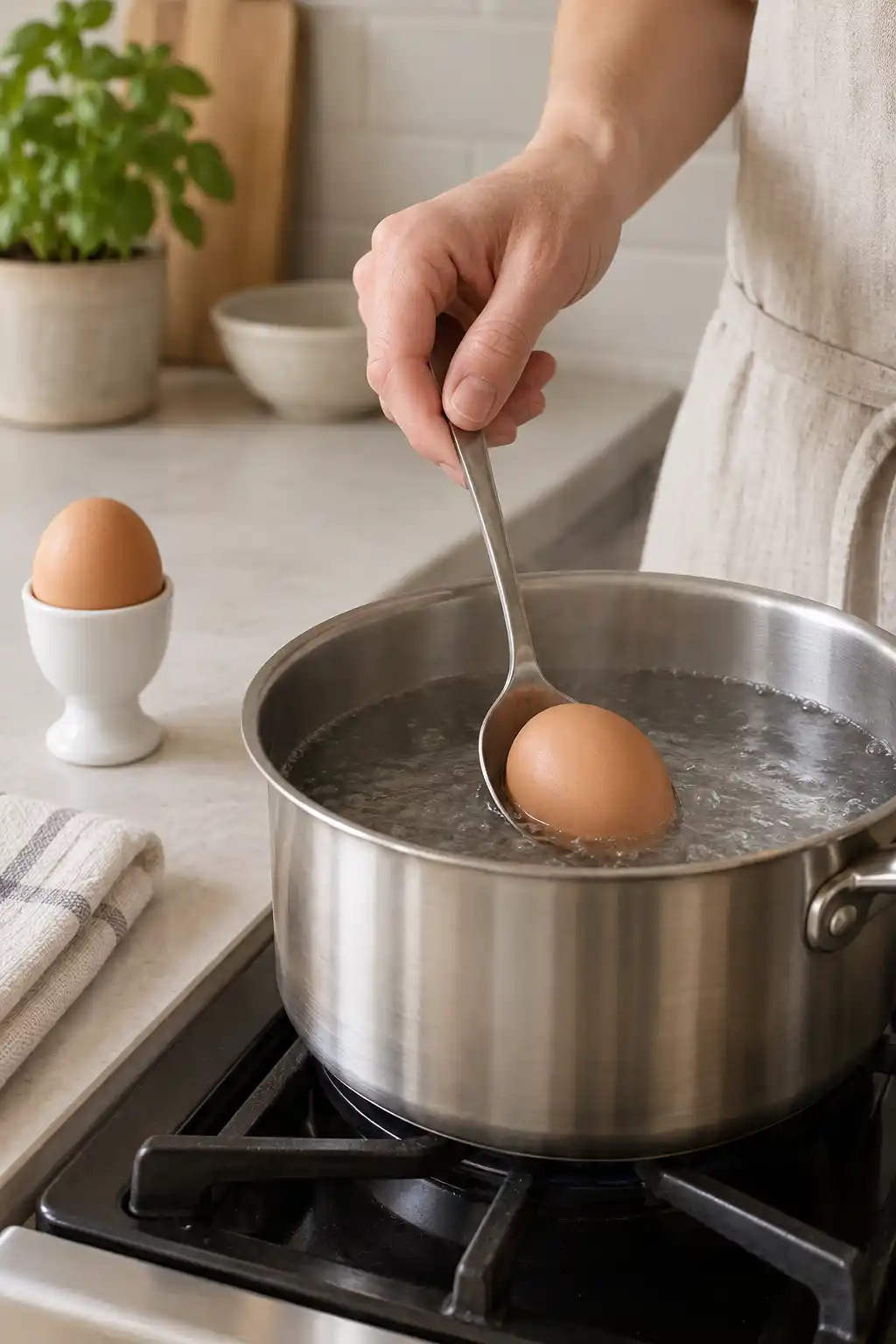 Une main tient une cuillère sous un œuf dans une casserole d’eau frémissante ; un autre œuf repose dans un coquetier sur le plan de travail.