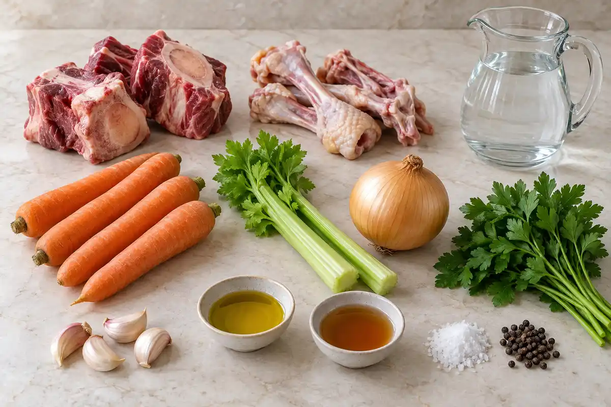 Des os de bœuf et de volaille, des carottes, du céleri, un oignon, du persil, de l’ail, deux coupelles d’assaisonnement, du sel, du poivre et un pichet d’eau sur un plan de travail.