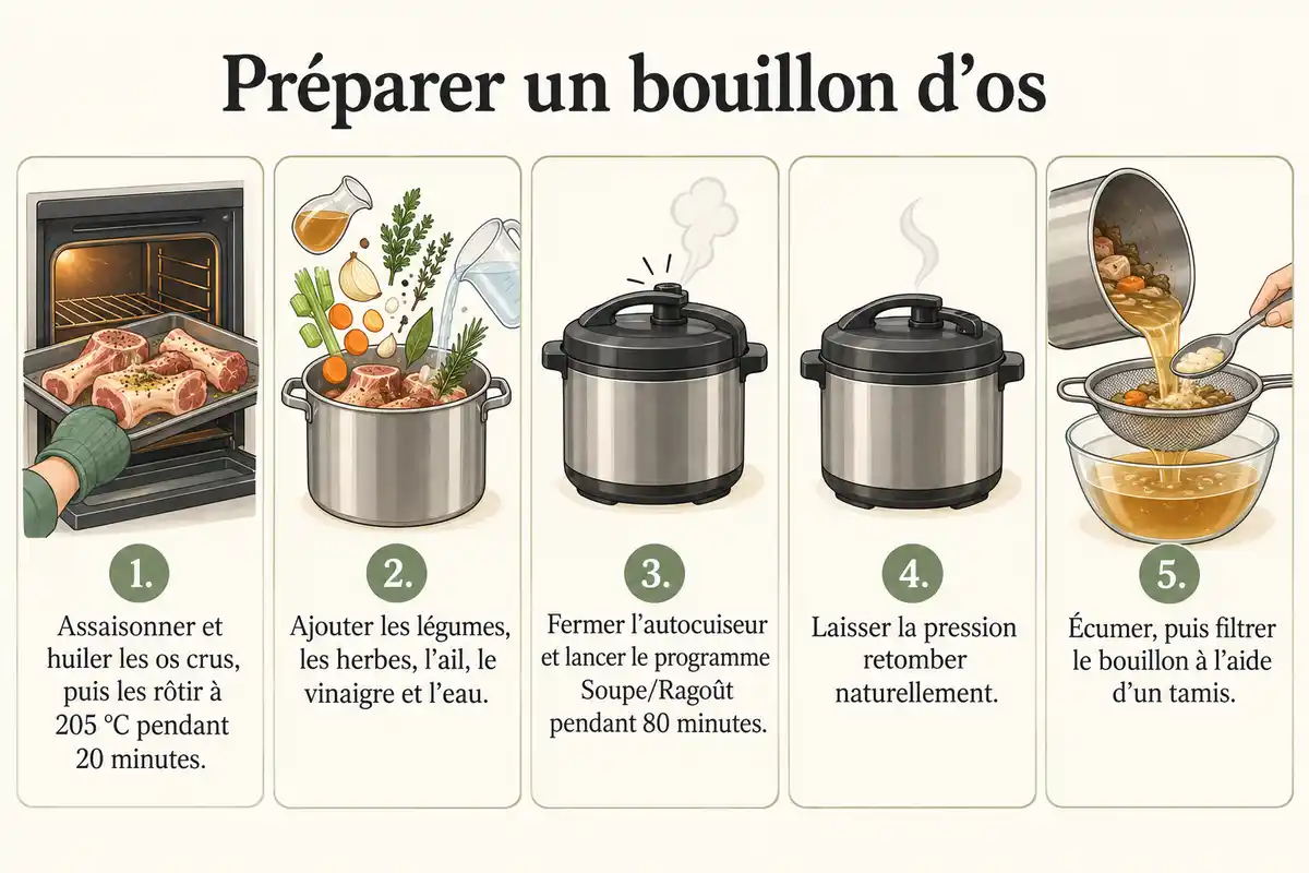 Infographie en cinq étapes pour préparer un bouillon d’os, du rôtissage au filtrage au tamis.