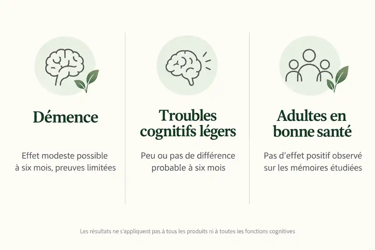 Le signal cognitif possible du ginkgo concerne certaines personnes atteintes de démence ; il n’est pas établi chez les adultes en bonne santé.