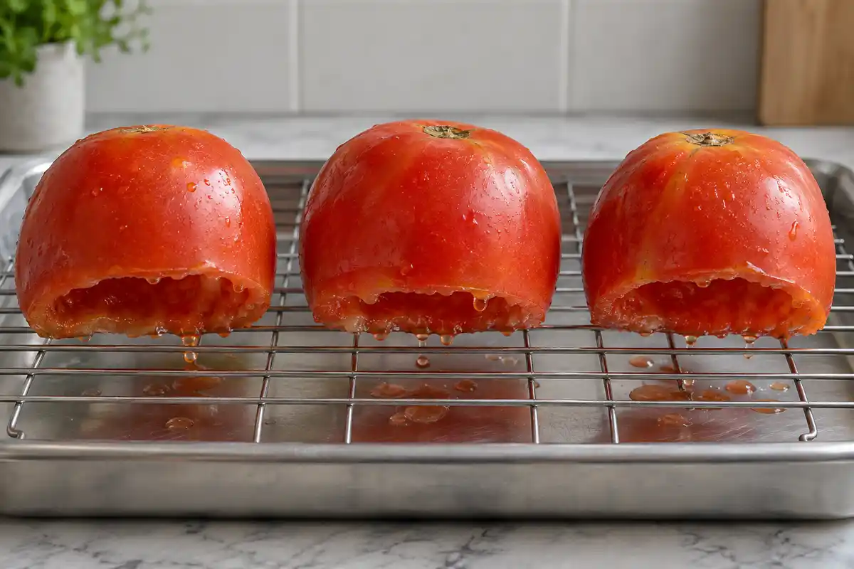 Trois tomates évidées, posées ouverture vers le bas sur une grille au-dessus d’un plateau.