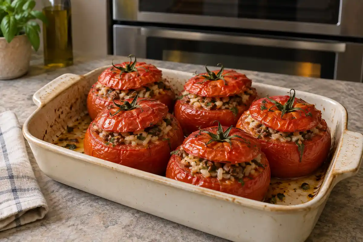 Cinq tomates farcies coiffées de leurs chapeaux dans un plat posé devant un four fermé.