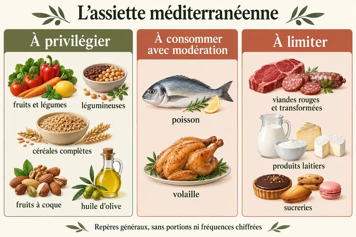 Infographie alimentaire en trois colonnes : aliments à privilégier, à consommer avec modération et à limiter, avec des illustrations et libellés en français.