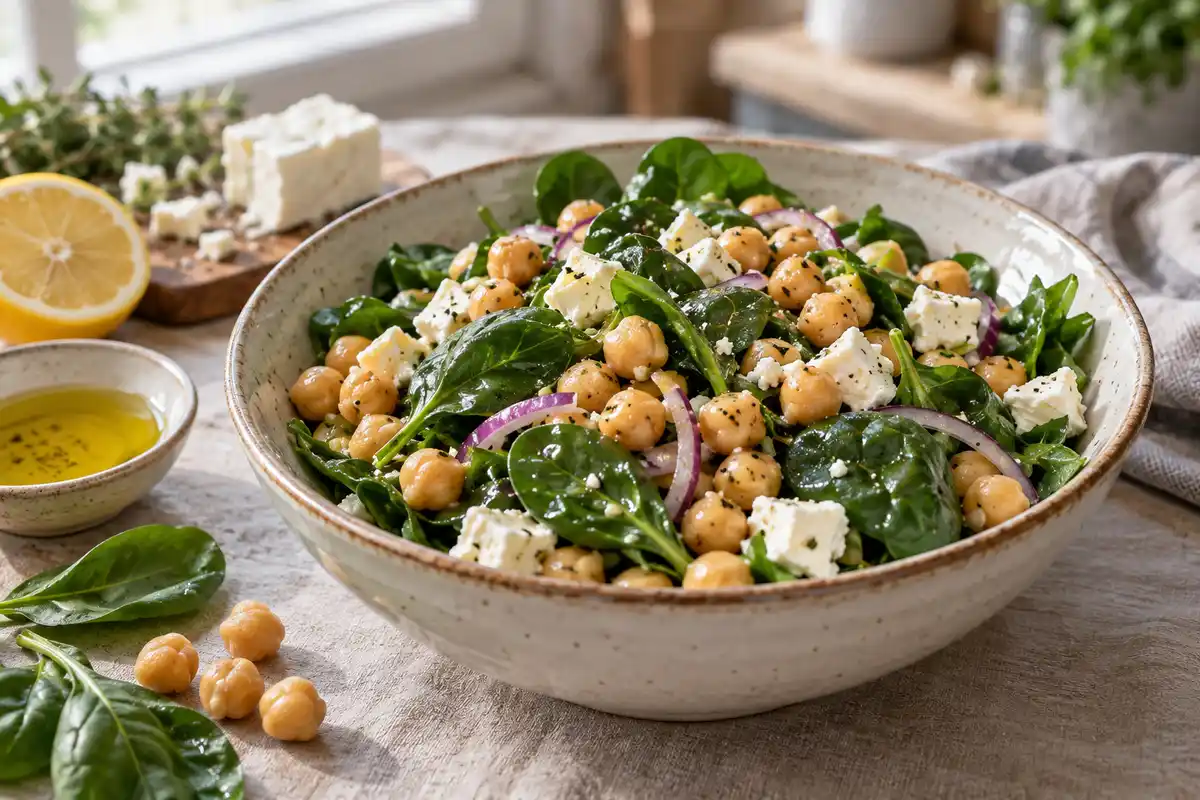 Bol de salade de pois chiches, feta, épinards et oignon rouge, avec un citron et de l’huile à proximité.