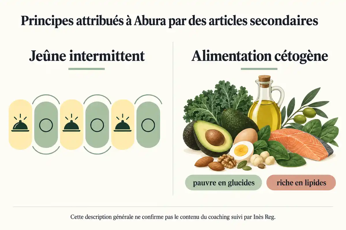 Infographie en deux parties sur le jeûne intermittent et l’alimentation cétogène, avec une alternance de périodes de jeûne et de repas, des aliments et des libellés sur les glucides et les lipides.