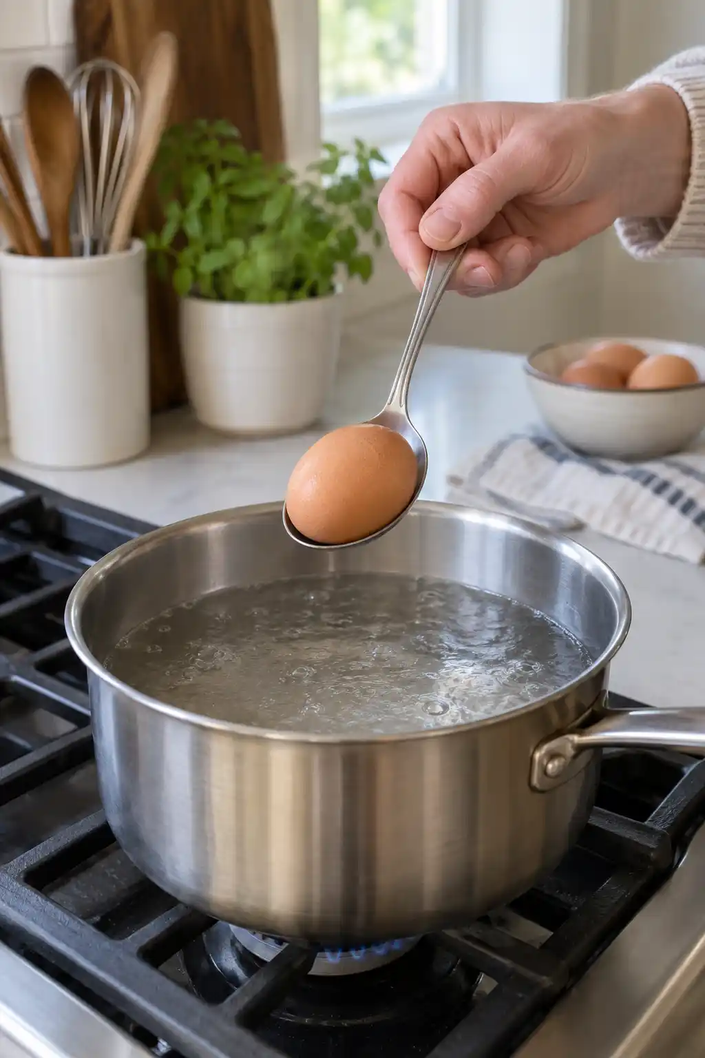 Une main tient un Ćuf dans une cuillĂšre au-dessus dâune casserole dâeau frĂ©missante.