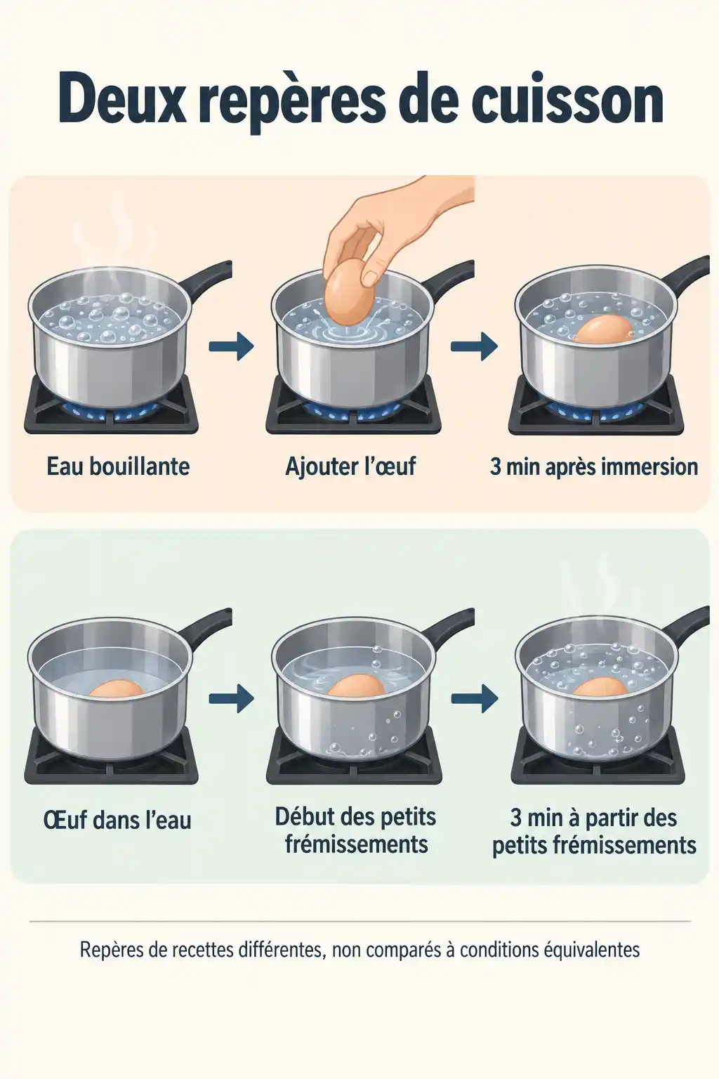 Infographie en français comparant deux façons de chronomĂ©trer la cuisson dâun Ćuf Ă la casserole : aprĂšs immersion dans lâeau bouillante ou Ă partir des premiers frĂ©missements.