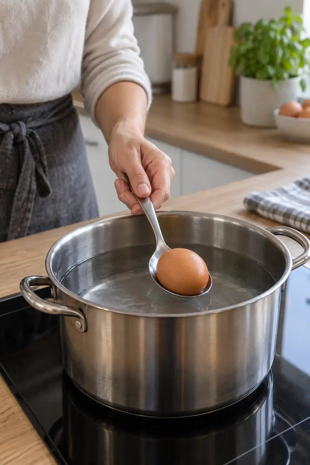 Une main dĂ©pose un Ćuf dans une casserole dâeau Ă lâaide dâune cuillĂšre.