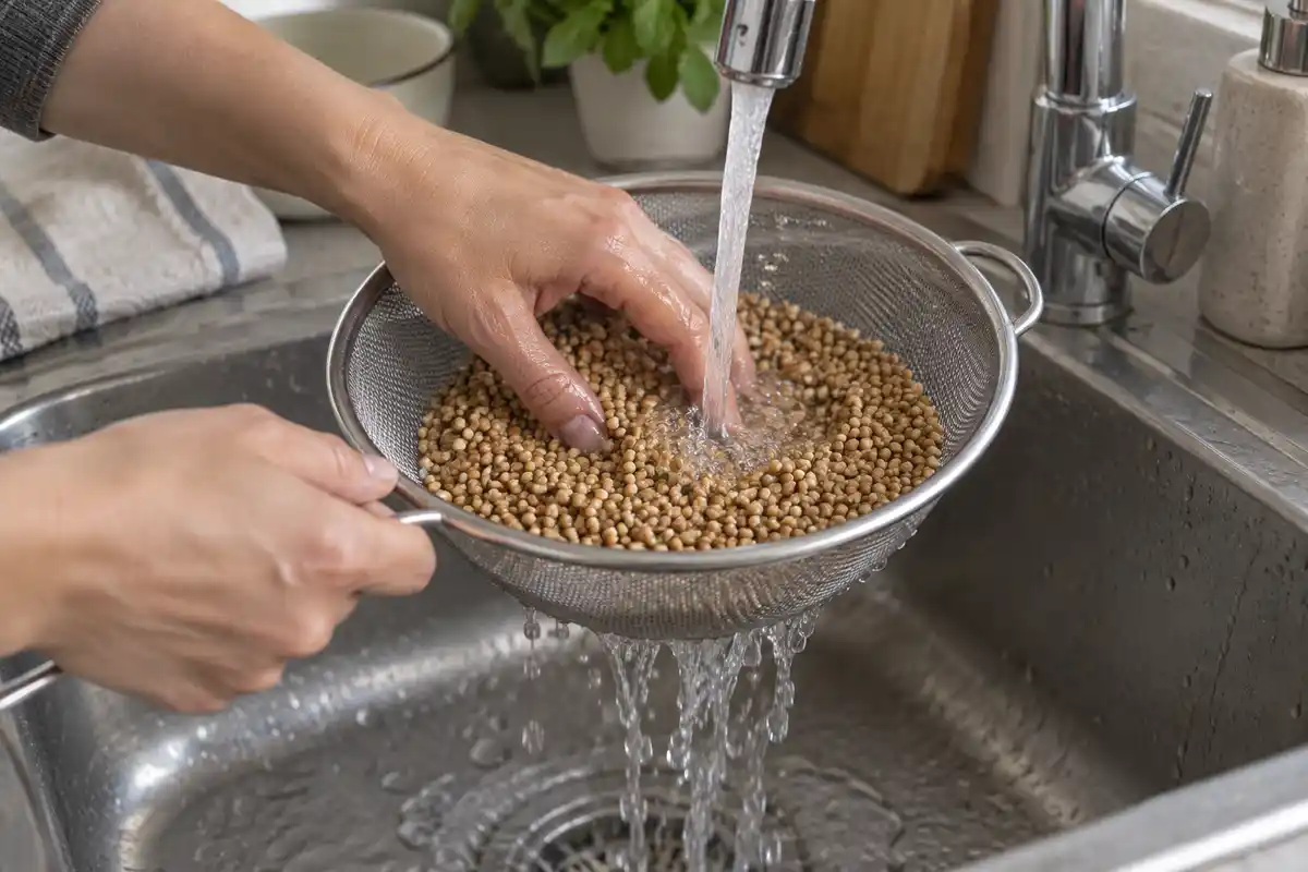 Des mains rincent des grains de sarrasin dans une passoire sous le robinet, au-dessus d’un évier.