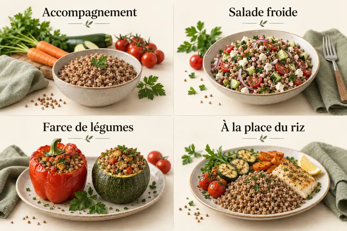 Infographie en quatre vignettes montrant des grains cuits en accompagnement, en salade froide, dans des légumes farcis et à la place du riz.