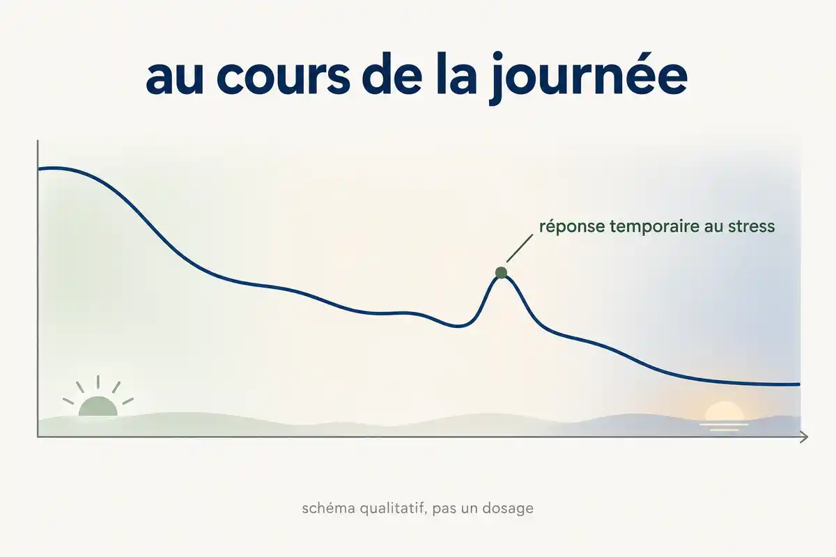 Schéma qualitatif de l’évolution du cortisol au cours de la journée, avec une hausse temporaire indiquée comme réponse au stress.