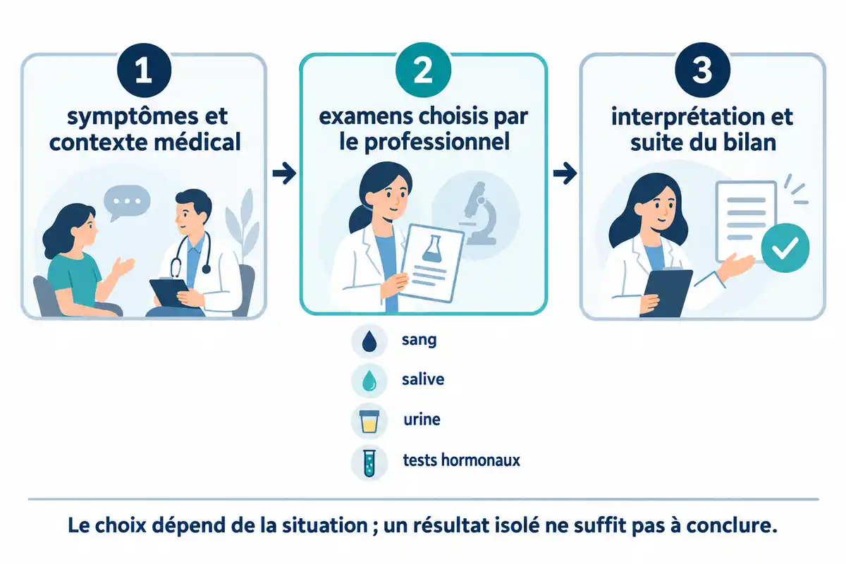 Parcours médical en trois étapes, des symptômes et du contexte aux examens choisis par un professionnel, puis à l’interprétation du bilan. Les examens cités sont le sang, la salive, l’urine et les tests hormonaux.