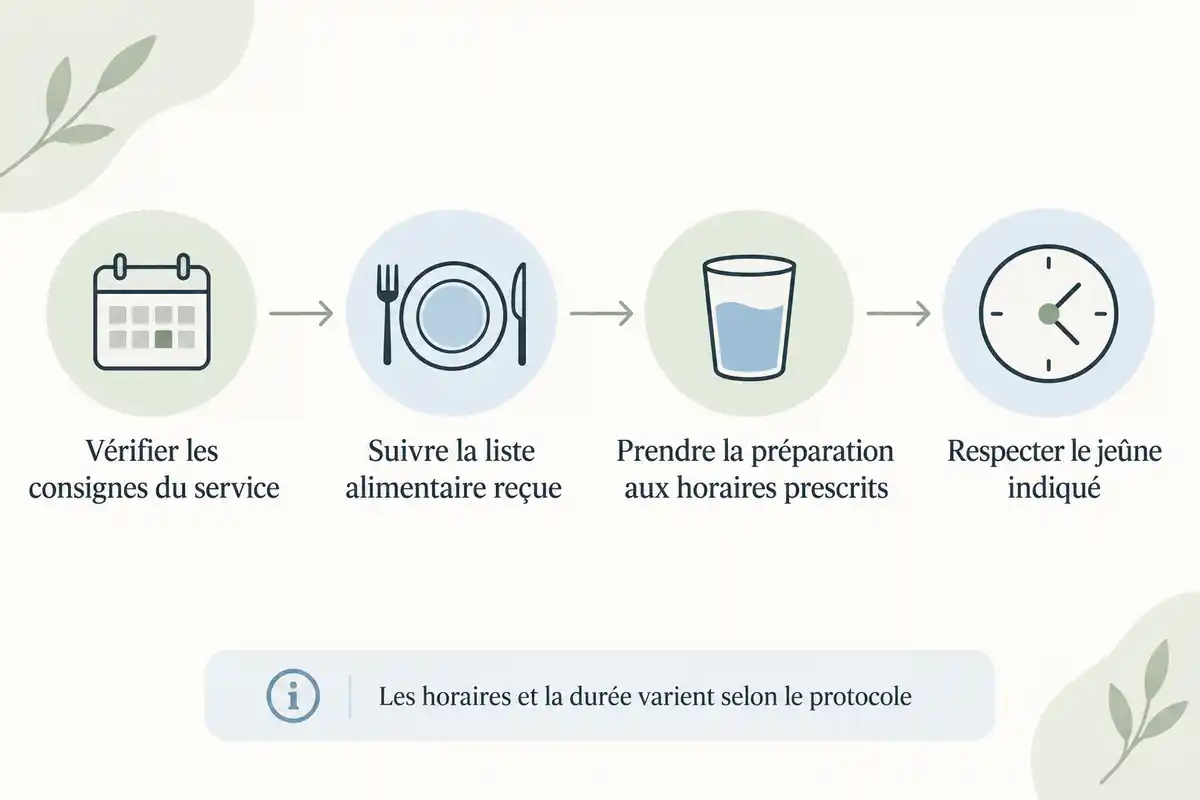 Frise de quatre consignes avant un examen : vérifier celles du service, suivre la liste alimentaire reçue, prendre la préparation aux heures prescrites et respecter le jeûne indiqué.