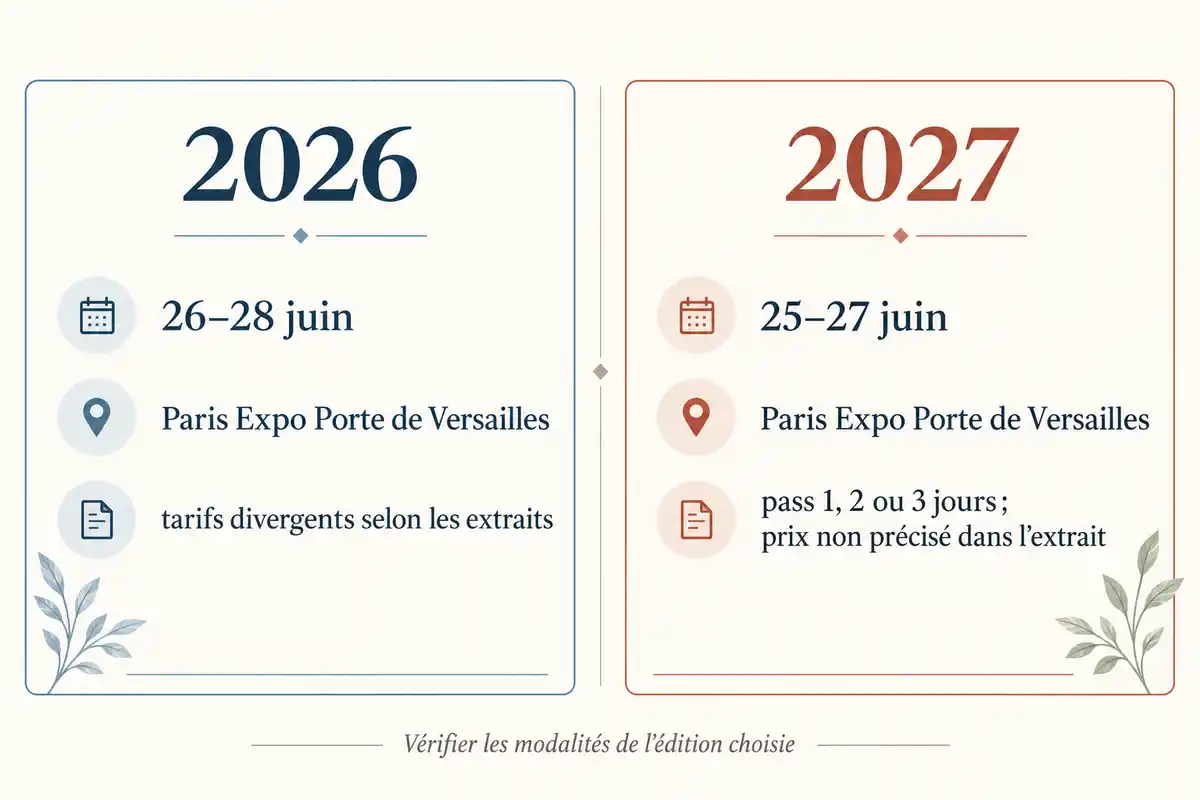 Distinguer les dates et modalités indiquées pour les éditions 2026 et 2027, puis vérifier les informations avant de réserver.