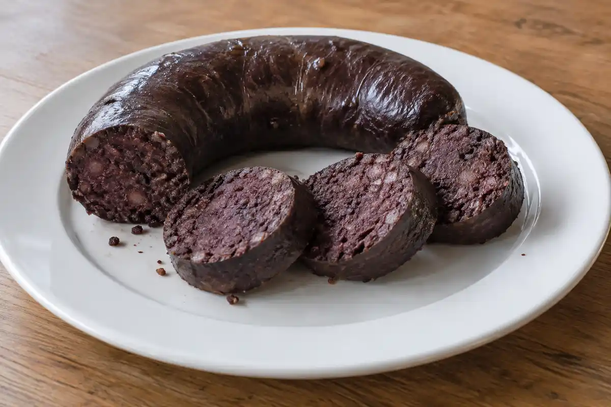 Le boudin noir tranché illustre l’une des sources animales de fer citées, sans indiquer sa teneur ni la comparer aux autres.