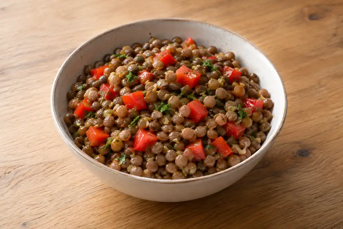 Des lentilles et du poivron composent un repas végétarien associant des légumineuses à un aliment source de vitamine C.