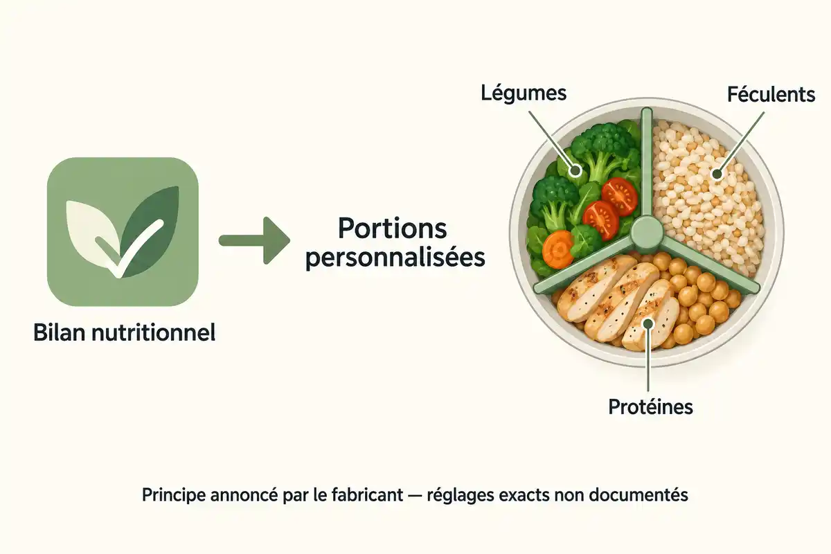 Le bilan nutritionnel sert de point de départ aux portions personnalisées, puis au réglage des zones de légumes, féculents et protéines.