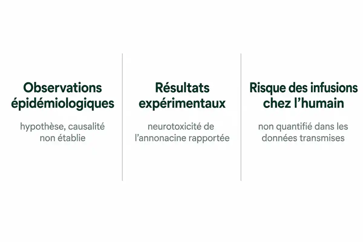 Trois blocs de texte sur les observations Ă©pidĂ©miologiques, les rĂ©sultats expĂ©rimentaux et le risque des infusions chez lâhumain, sĂ©parĂ©s par de fines lignes verticales.