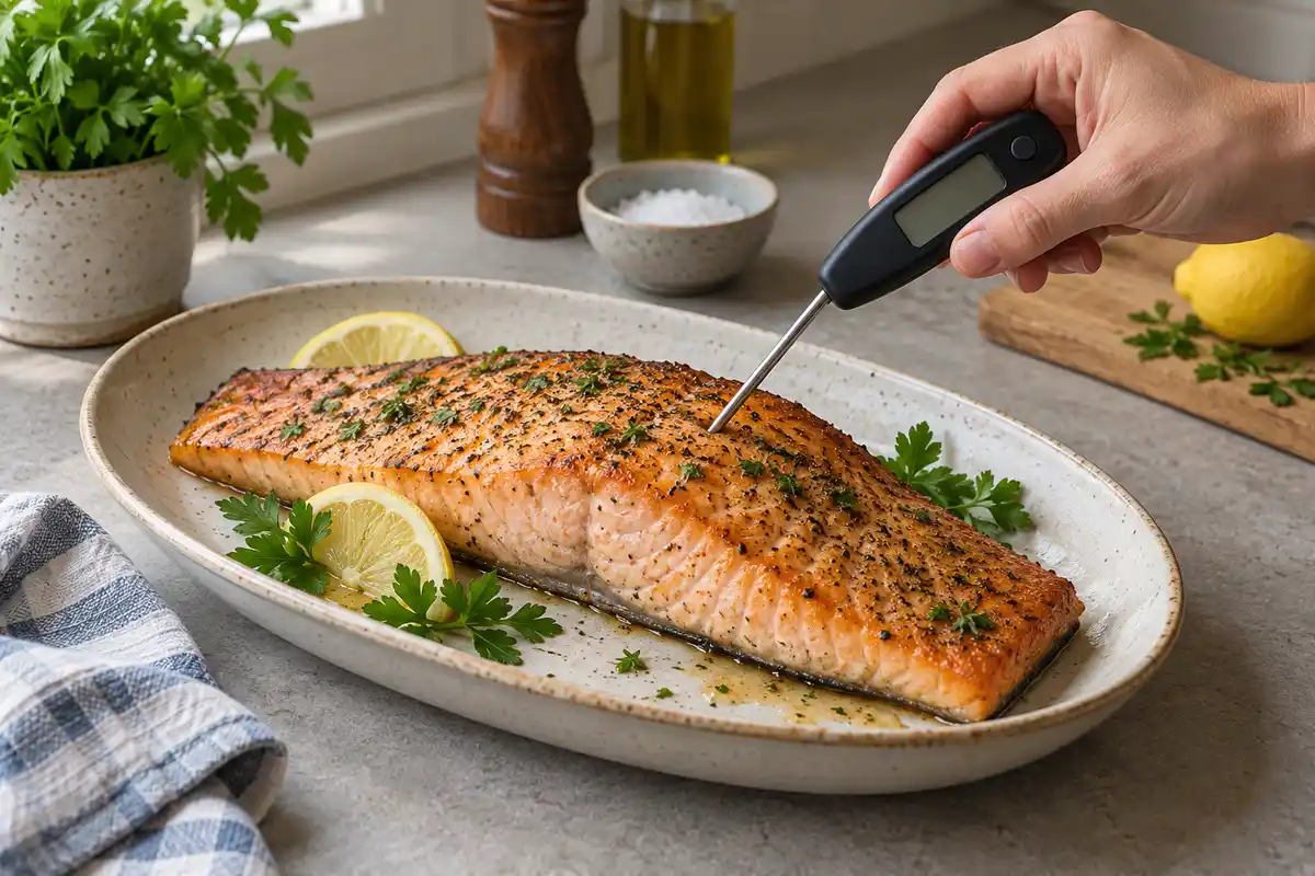Une main approche un thermomètre numérique d’un pavé de saumon cuit dans un plat, garni de persil et de quartiers de citron.