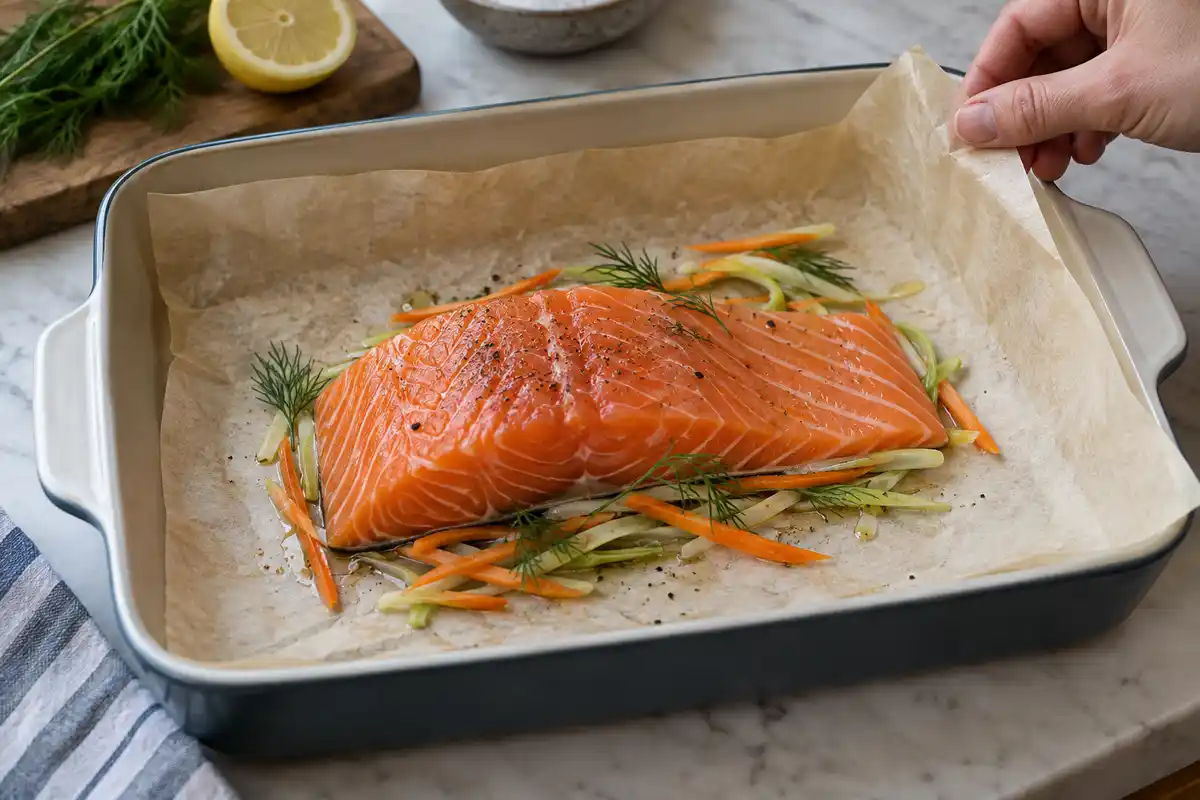 Un pavé de saumon cru posé sur des légumes dans un plat tapissé de papier cuisson, dont une main soulève un bord.