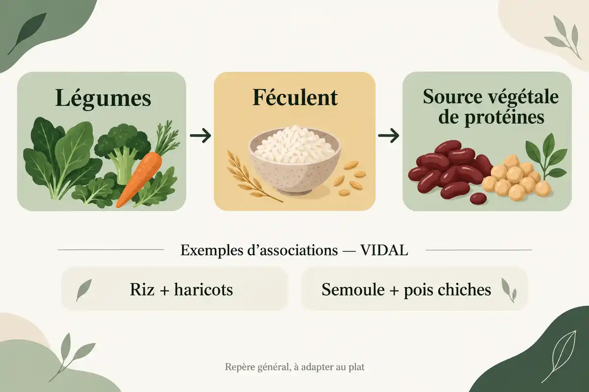 Infographie montrant des légumes, un féculent et une source végétale de protéines reliés dans cet ordre, avec les exemples « Riz + haricots » et « Semoule + pois chiches ».