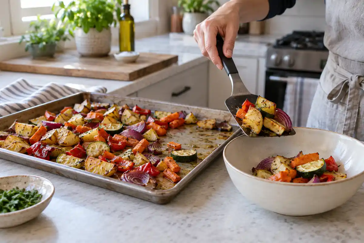 Une main transfère des légumes rôtis de la plaque vers un bol à l’aide d’une spatule.