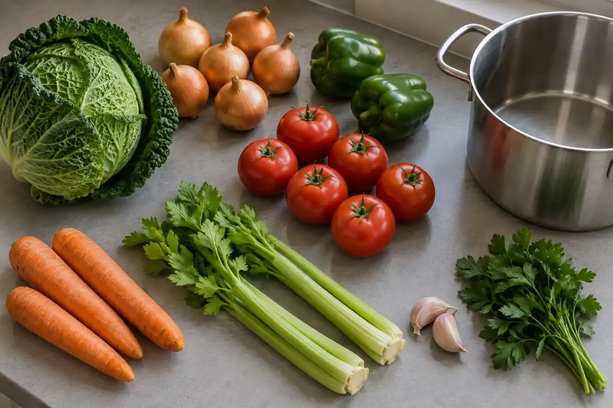 Un chou, des oignons, des poivrons verts, des tomates, des carottes, du céleri, de l’ail et du persil disposés sur un plan de travail, avec un faitout vide.