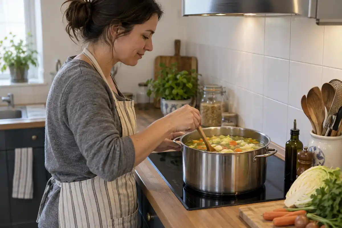 Une personne remue une soupe de légumes dans un faitout posé sur une plaque de cuisson.