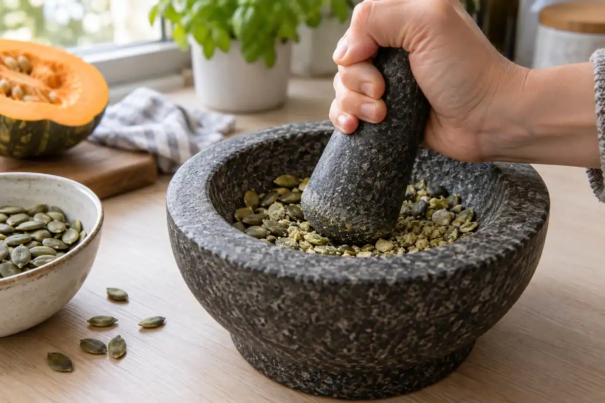 Des graines de courge sont pilées au mortier, geste évoqué pour adapter leur forme en cas de difficulté à déglutir.